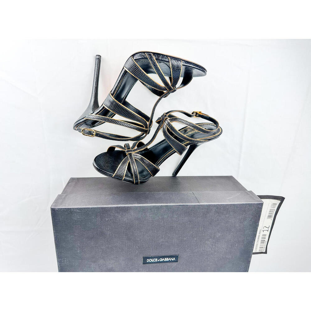 Dolce & Gabbana Ankle-Strap Heels Black & Gold Leather Size 39 EU Full Set NWT - Picture 6 of 9